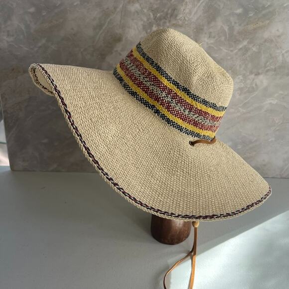 Scala Sun Hat Eloisa 100% Toyo Straw Wide Brim Multicolor Leather Chin Strap - Picture 7 of 14